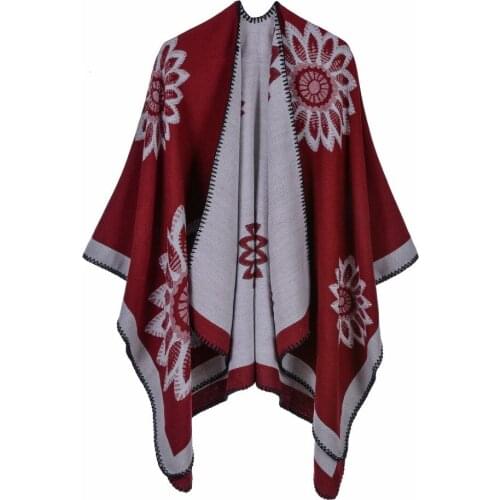 Winter Scarf Warm Poncho and Cape Women Cloak Print Floral National Wind Fork Shawl Imitation Cashmere Pashmina Wraps Mujer