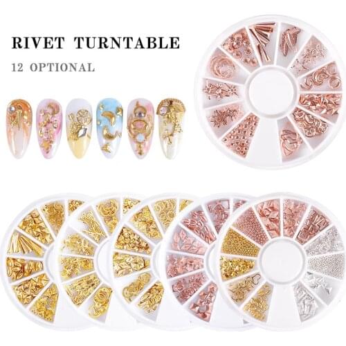 1Box Mix Gold/Silver/Rose Gold Metal Rivets Nail Studs 3D Metallic Slices Nail Art Decorations Wheel Hollow Manicure Accessories