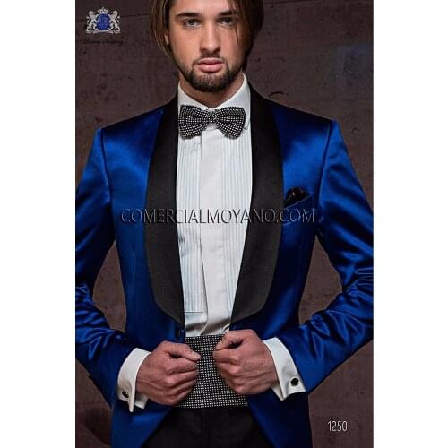 2017 Latest Coat Pant Designs Royal Blue Satin Men Suit Prom Tuxedo Slim Fit 2 Piece Custom Groom Blazer Wedding Suits Masculino