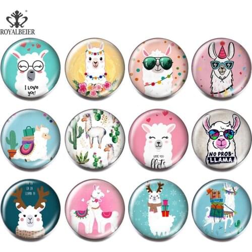 2021 New Fashion Beuaty Painting Alpaca 18mm Snap Buttons 12pcs Mixed Round Photo Glass Cabochon Style For Snap Button Jewelry