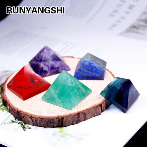 28-32mm Natural Crystal Pyramid Healing Crystal Crafts Rose Quartz Chakra Reiki Crystal Rainbow Fluorite Home Decor Point