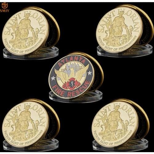 5PCS USA Est Atlanta City Patron Hero Est Fire Rescue Patron Saint Of Firefighters Challenge Coins Souvenir Badge