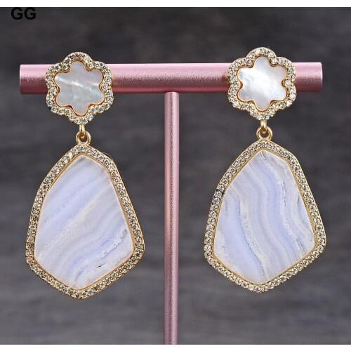 GuaiGuai Jewelry Natural Chalcedony White Mop Flower Cz Pave Stud Earrings