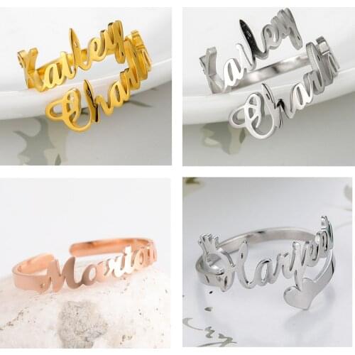 Skyrim Custom Double Name Rings Adjustable Gold Color Stainless Steel Personalized Nameplate Family Ring Jewelry Gift for Women