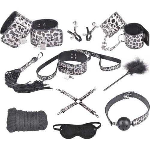 Leopard print Bundle Suit 10-piece Adult Sex Toys Kit Mouth Plugs SM Game Bondage Toy Fun Suit Flirt Games for Couple
