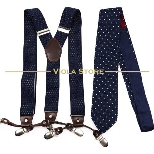 6 Clips 3.5cm Width Wide Men Suspender 7cm Knit Neckie Set Dot Vintage Brace Luxury Trousers Strap Male Gift Accessory Daily Top