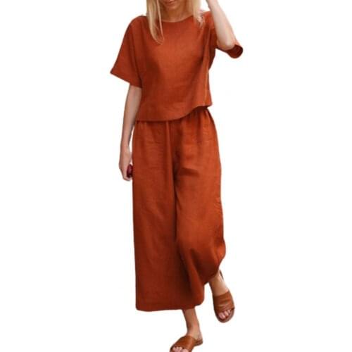 Summer Outfit Women Casual Solid Color Wide Leg Two-piece Round Neck Short Sleeve T-shirt Cropped Pants Fashion Women Outfit