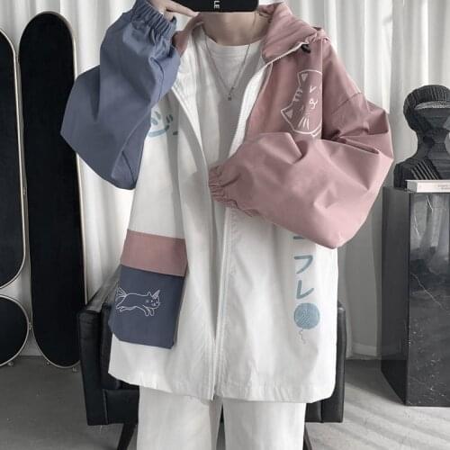 2021 Mens Streetwear Bomber Jacket Fashion Trend Coats Cartoon Printing Windbreaker Loose Pink/blue Color Outerwear Size S-3XL