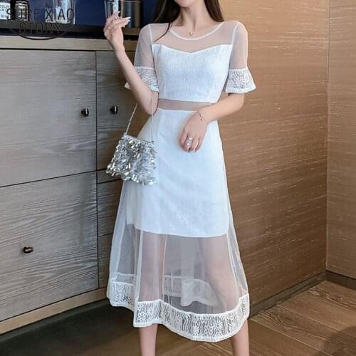 Summer New Korean Dress Women Mesh Stitching Short-sleeved Party Dress High Waist Lace Dress Sexy OL Long Dress Robe Femme 14569