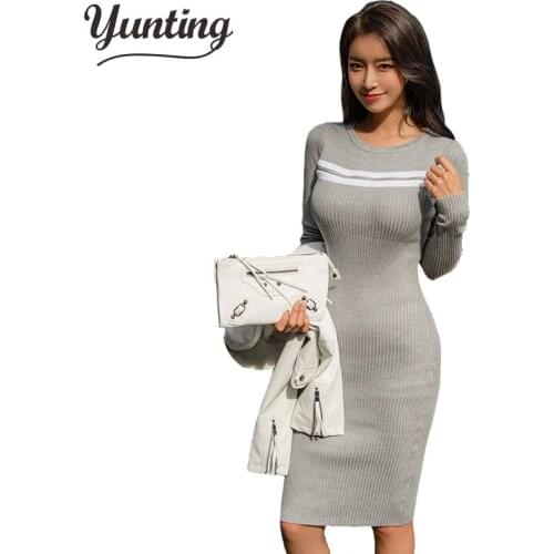 Autumn Winter Women Hit Color Knit Dress 2019 New Retro High-waist Colored Long-sleeved Slim Knitted One-Step Dress