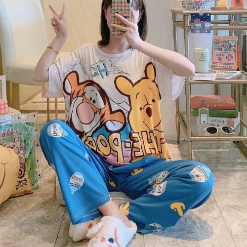 Disney Cartoon Mickey Minnie Pajamas Women Short-sleeved Trousers Outer Wear Cotton Home Service Suit Pijamas Women Cotton