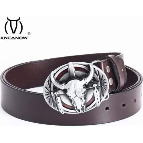 Vintage Style Men Belt Bull Heads Carving Buckle Western Cowboy Thick Genuine Leather Male Jeans Strap Ceinture Homme Cinturon
