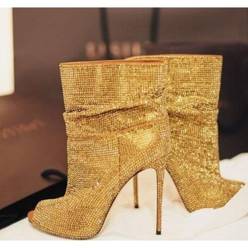 Luxury Gold Crystal Ankle Boot Peep Toe High Heels Banquet Dress Shoes Glittering Pleated Short Boots Drop Ship