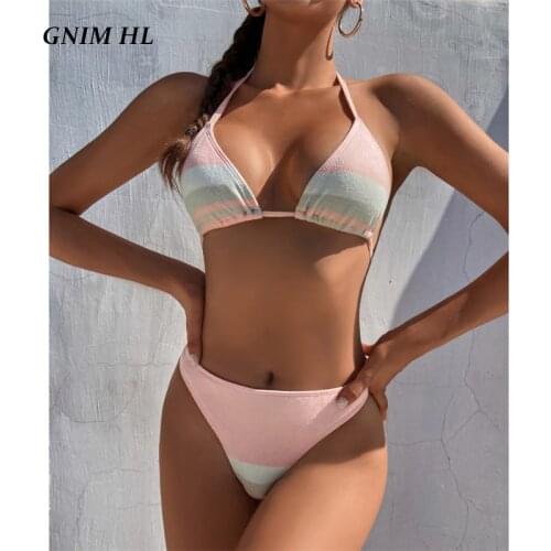 GNIM Sexy Triangle Backless Bikini Mujer 2021 Stripe Swimwear Women 2 Piece Micro Bather Suit Women Beachwear Brazilian Swimsuit