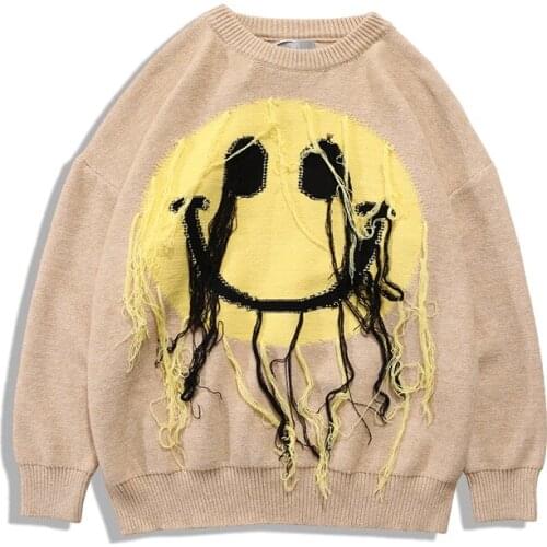 Japanese Smiley Tassel Sweater Men and Women Loose Oversize Pullover Harajuku Casual Sweaters Kintted High Street Fringe Clothes