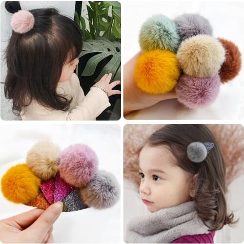 Winter Children Cute Shiny Waterdrop Hairball Hair Clips Girls Colors Soft Faux Fur Haipins Barrettes Kids Hair Accessories