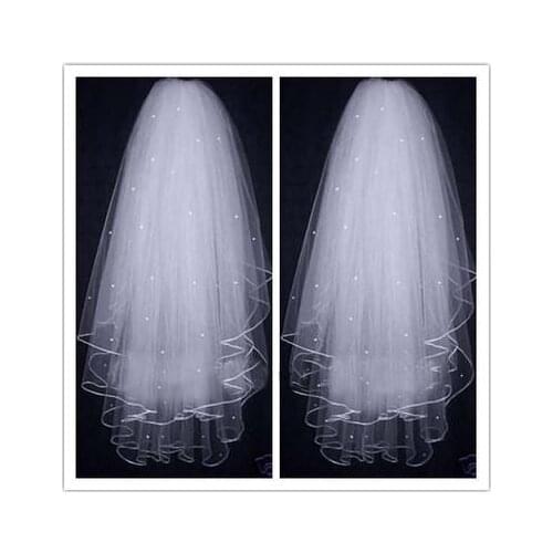 Pearls Tulle Short Bridal Veils Ribbon Edge White Ivory 3 Layers Wedding Veils Bridal Accessories