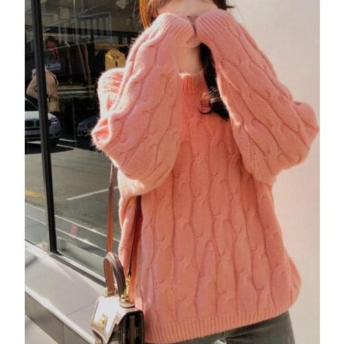Women Autumn Loose Solid Color Round Neck Long Sleeve Knitted Blouse Top Sweater