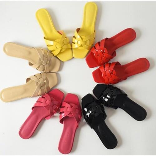 Carpaton Fashion Leather Braided Woman Summer Slides Sexy Open Toe Flat Shoes Ladies Outside Candy Colors Sandals Black