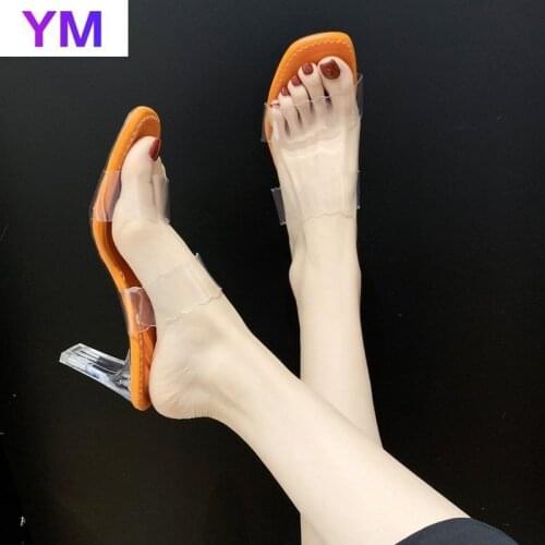 2021 Brand Design Lady Elegant Square Toe Sandaly PVC Transparent High Heels Summer Outdoor Beach Shoes Gladiator Ladies Sandals