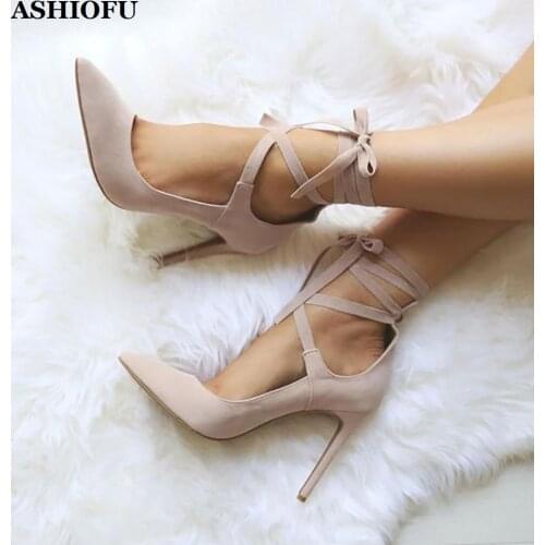 ASHIOFU Handmade New Ladies High Heel Pumps Ankle Strap Party Prom Dress Shoes Stiletto Wedding Club Evening Fashion Court Shoes