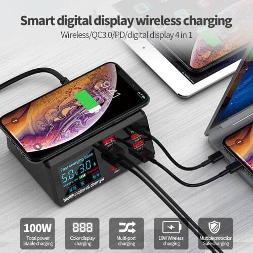 Intelligent LED Display Wireless Charger Dock QC 3.0 Fast Charging 8 Ports PD USB Chargers Hub Desktop Adapter For iPhone Tablet