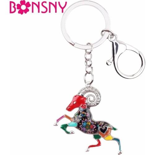 Bonsny Enamel Star Lucky Zodiac Aries Goat Key Chain Women Keyrings Gift HandBag Charms Keychain Car key Purse Halcyone Jewelry