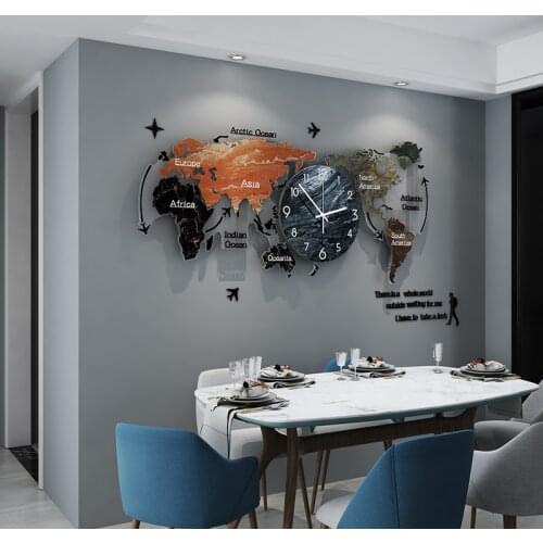 MEISD Larger World Map Wood Creative Clock Modern Design DIY Mirror Sticker Hanging watch Quartz Mute Living Room Free Shipping