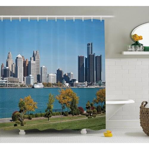 Detroit Decor Shower Curtain Industrial City Center Shoreline River Scenic Panoramic View Sunny Day Home Decor Bathroom Curtains