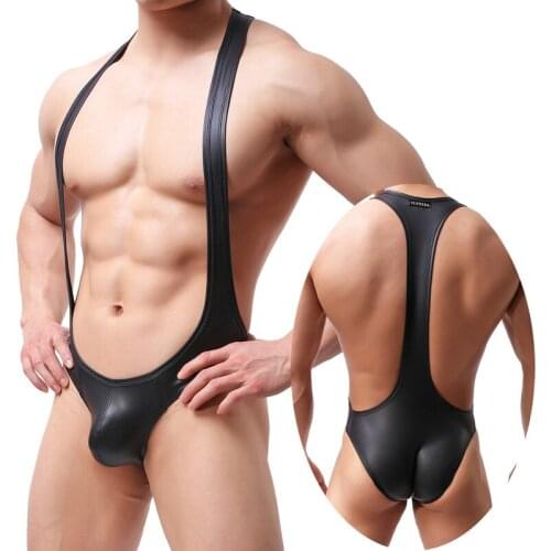Men Bodysuits PU Leather Penis Pouch Gay Bodywear Bodybuilding Catsuit Clubwear One-piece Garment Singlet Sexy Undershirt