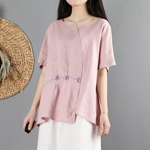 Women Cotton Linen Casual T-shirts New 2021 Summer Vintage Style O-neck Embroidery Loose Female Short Sleeve Tops Tees S4057
