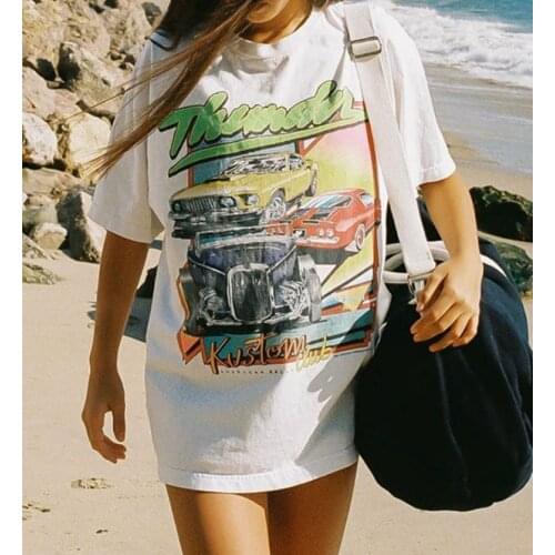 Oversize Girls Soft Cotton O Neck T-shirt 2021 Fashion Ladies Casual Loose Women Korean Car Print T-shirt Top