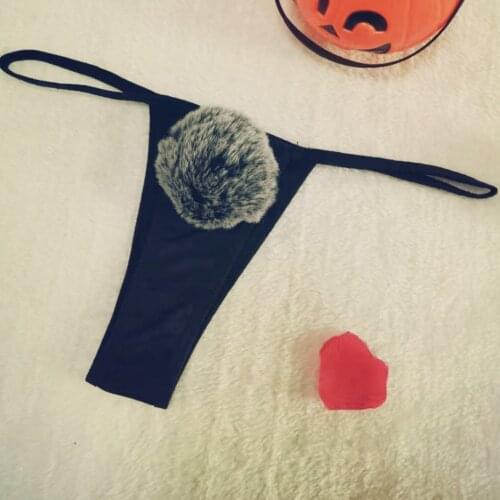 Hot Sale Sexy Women Removable Fox Hair Ball Panties G String Thongs Low Waist Sexy Panties Ladies' Underwear Black Erotic Panty