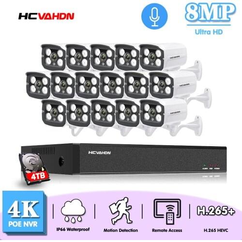 HCVAHDN 16CH 4K Ultra HD POE CCTV Security System 8MP IR IP66 Waterproof Outdoor IP Camera Plug&Play Video Surveillance Set