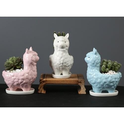 Ceramic Alpaca Shape Flower Pot Cartoon Cute Animal Succulent Plant Pot with Tray Bonsai Home Decoration Birthday Gift Planters