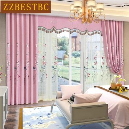 Chinese luxury lotus embroidered cotton and linen pink curtains for living room high quality Viole Curtain for bedroom hotel