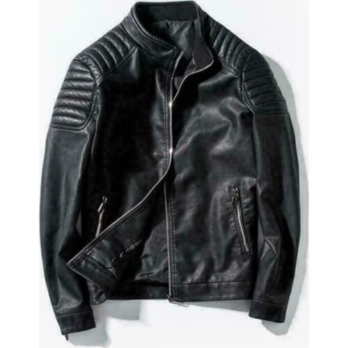 2021 New Men Slim fit jacket stand collar Biker Motorcycle Leather Jacket Black Outcoat stand collar Solid color