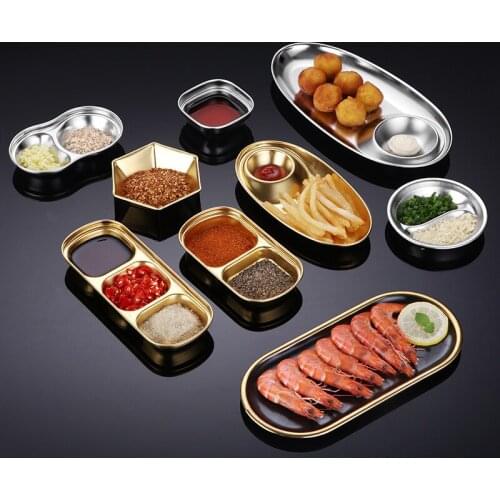 Multi-Style Stainless Steel Grid Seasoning Dish BBQ Sushi Sauce Vinegar Tray Hot Pot Dipping Bowl Snack Plate Kitchen Utensils