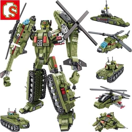 SEMBO Military Series Weapon Tank Fighter Helicopter Submarine 6 in 1 Transformation Robot Building Blocks Deformation Toys Gift