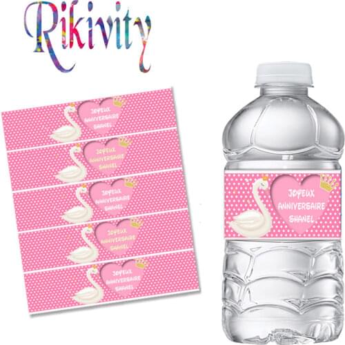 Custom Pink Polka Dots Swan Girl Birthday Water Bottle Wine Labels Waterproof Candy Bar Wrapper Sticker Baby Shower Decorations