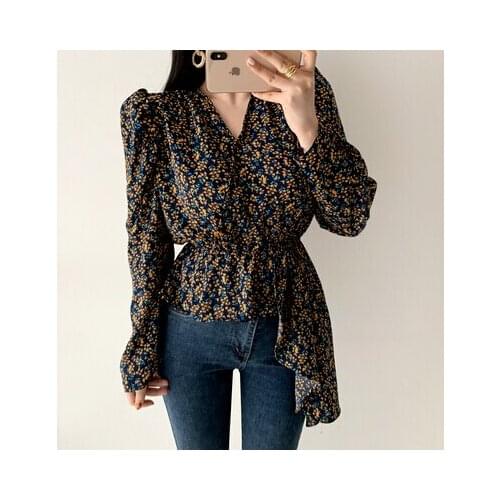 2021 Women New Spring Summer Blouses Shirts Puff Sleeve Casual Sexy V-Neck Vintage Elegant Asymmetrical Flora Tops