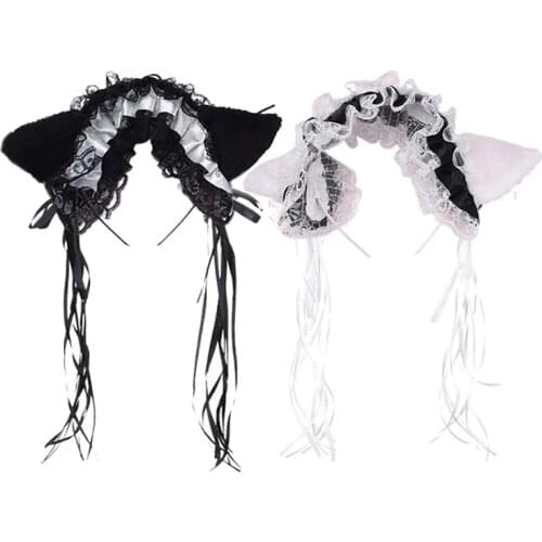 Maid Women Ruffles Lace Headband Plush Cat Ears Ribbon Bell Hair Hoop Cosplay