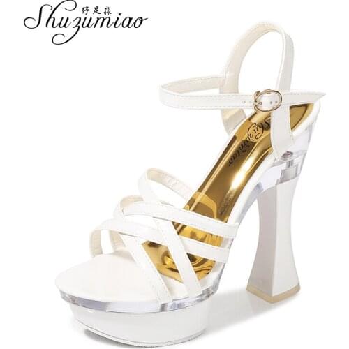 Shuzumiao Women Shoes Summer Sandals 2021 New Thick Heel High Heels 14CM Sexy Open Toe Pointy Sandals Nightclub Bridal Shoes