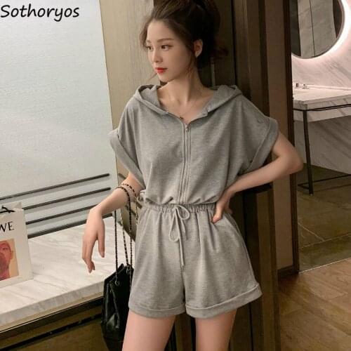 Rompers Women Solid Simple Bodybuilding Short Sleeve Adjustable Waist Womens Overalls Casual Korean Style High Quality Playsuits