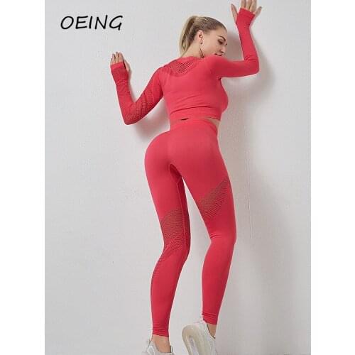 Women Yoga 2 Piece Sets Workout Mesh Patchwork High Waist Crop Tops Set Leggings Seamless