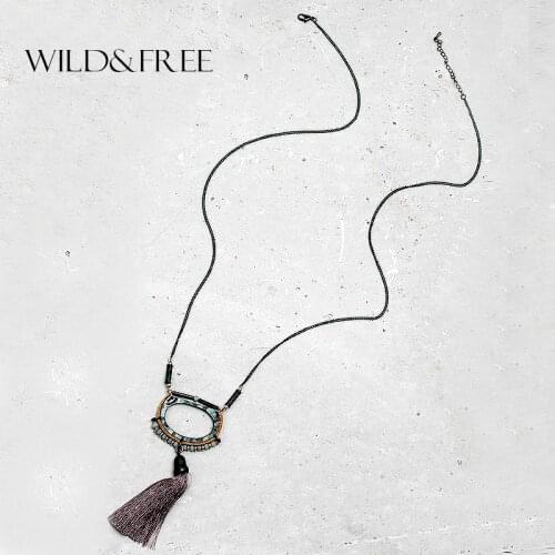 Women Brown Tassel Pendant Long Chain Necklaces Crystal Bead Geometric Alloy Collar Necklaces Designs Jewelry