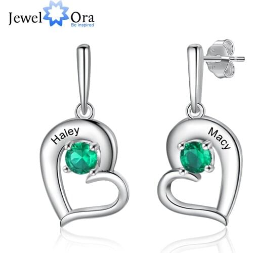 JewelOra Personalized Birthstone Tilted Heart Drop Earrings for Women Couples Custom Name Engraved Stud Earrings Christmas Gift