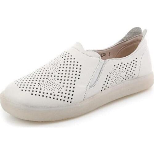 2020 New Spring Round Head Hollow Flat Shoes Woman Genuine Leather Shoes Soft Bottom Comfort Fashion Casual Shoes Large Size 43