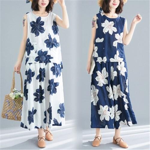 2020 Plus Size Womens Clothing Summer New Cotton And Linen Printed Sleeveless Top + Casual Wide-Leg Pants Two-Piece Suit Tide