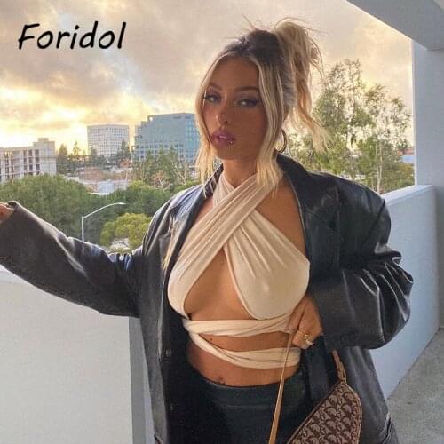 Foridol Self-tie Crop Tops Women Sexy Lace Up Party Club Halter Tank Top Camis 2021 New Summer White Top Women Clothing